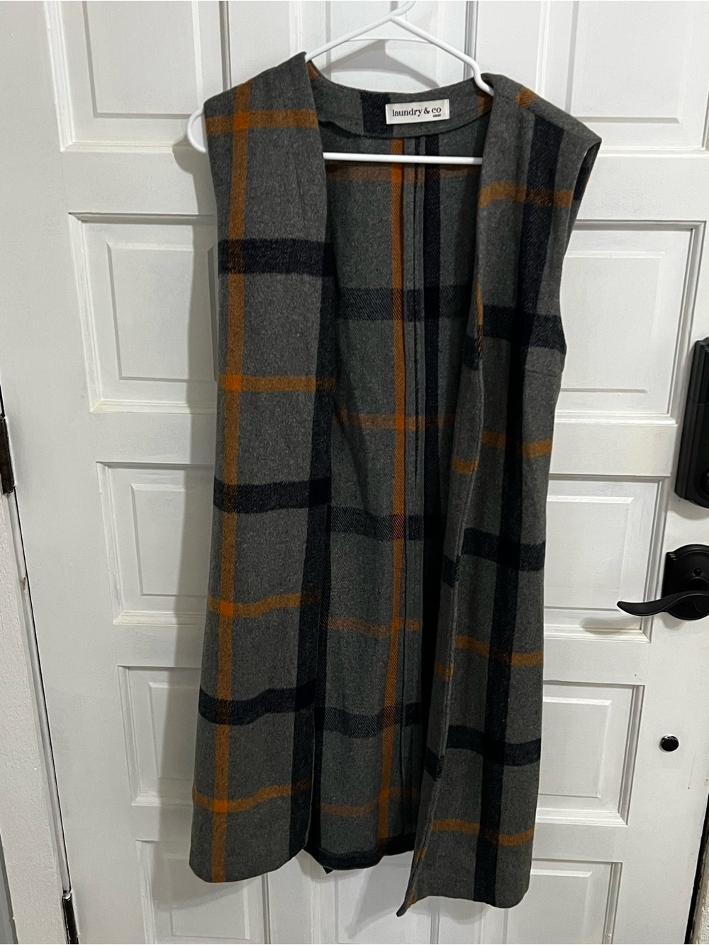 Laundry By Shelli Segal Gray Plaid Open-Front Vest with Orange Stripe